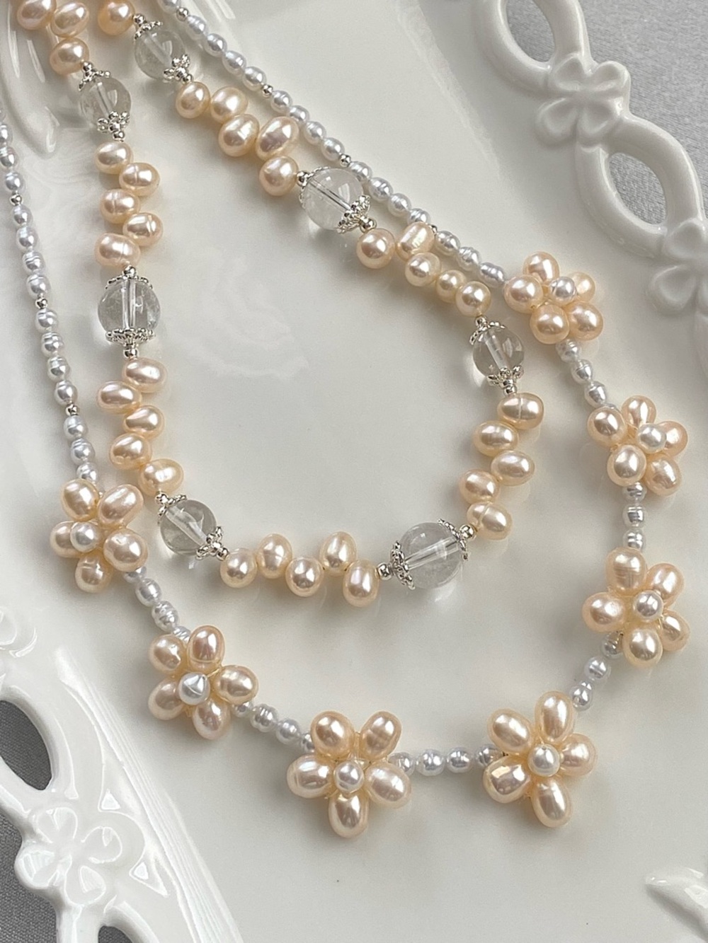 Elegant Champagne Flower And Clear Quartz Necklaces